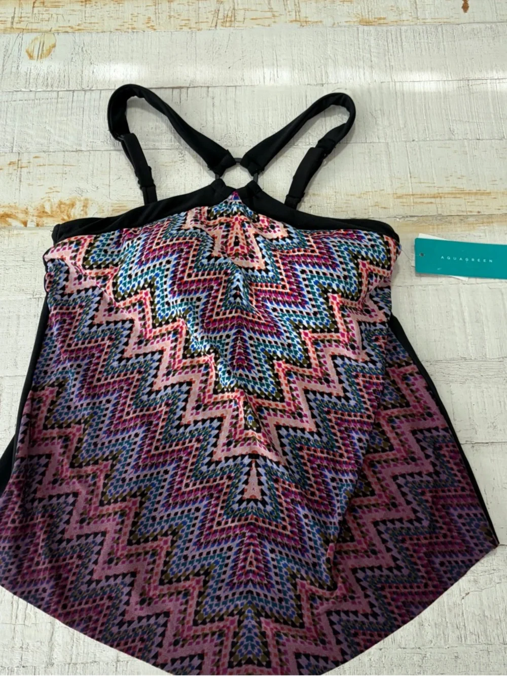 Aqua Green Tankini Top‎ NWT size Small 4/6 High Neck Flowy Kaleidoscope Black